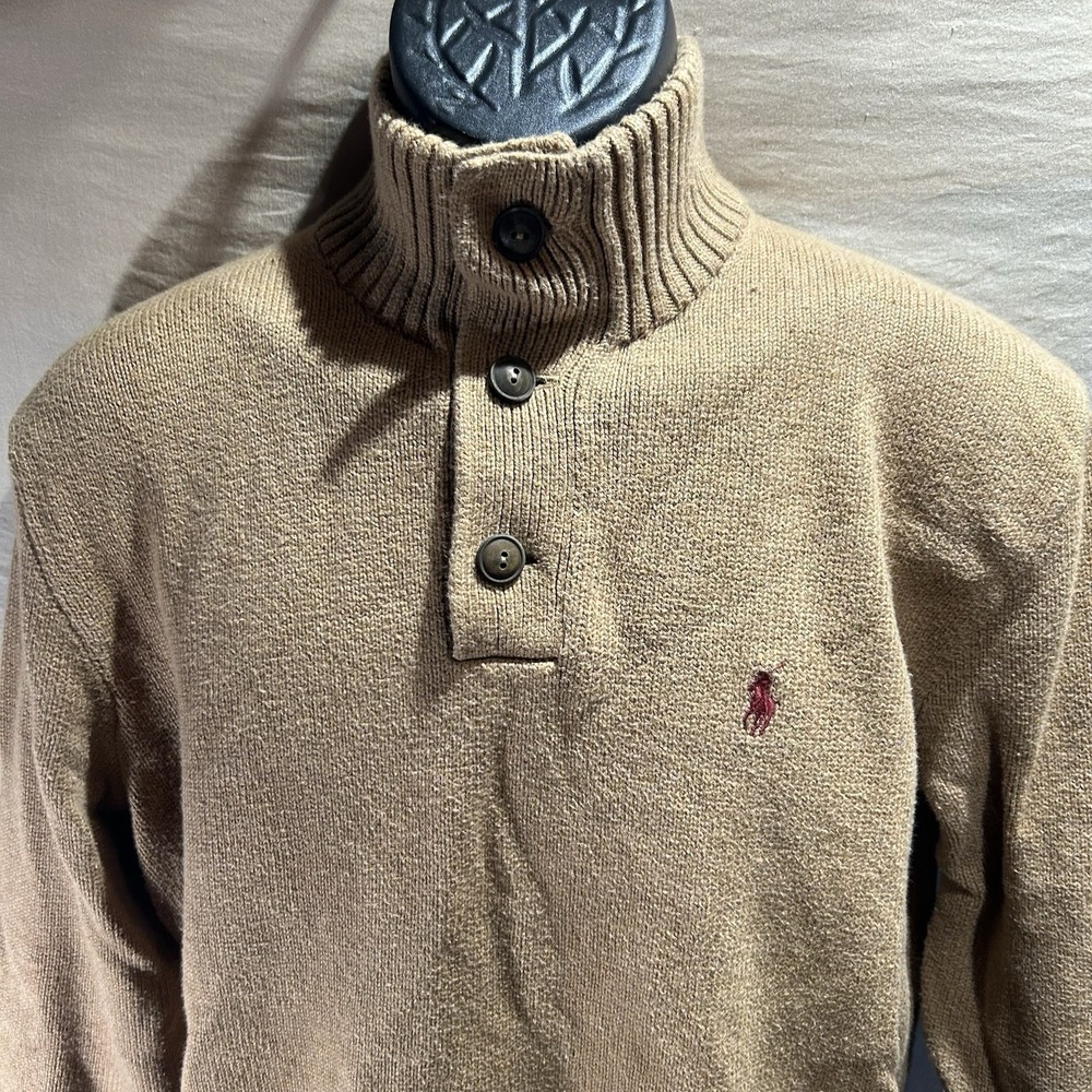 Polo by Ralph Lauren Men's Medium Tan Camel Cotton Button Mock Neck Sweate